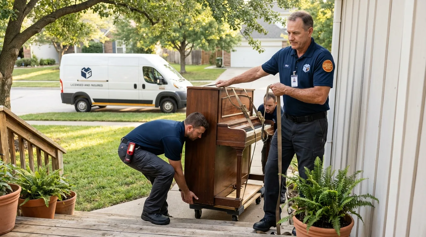 Licensed piano movers securing grand piano in Sherburne, NY