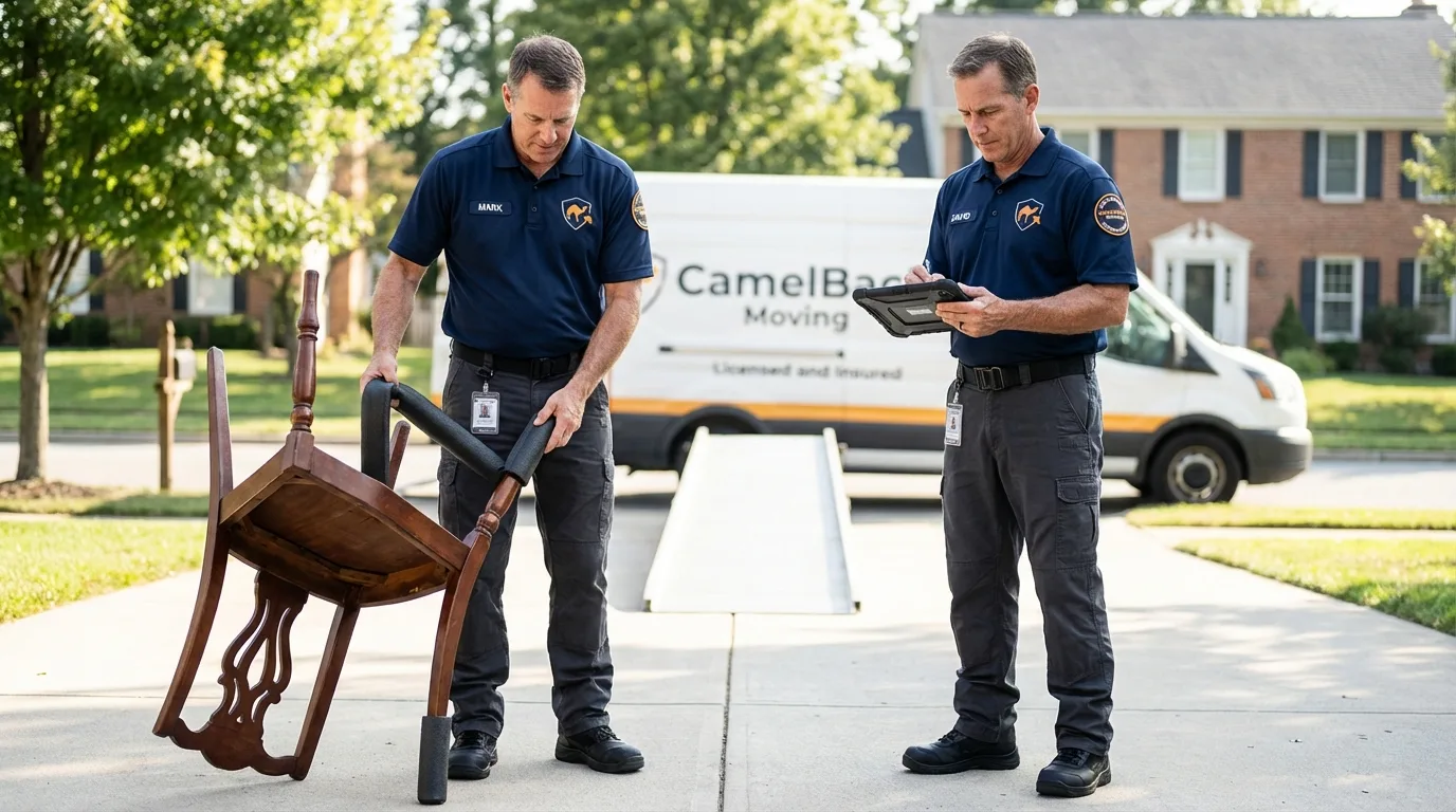 Movers inspecting furniture for damage prevention before loading in Sherburne, NY