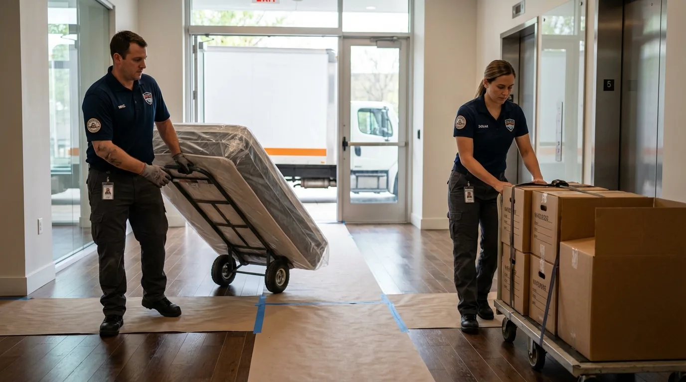 Professional apartment movers loading elevator in Sherburne, NY