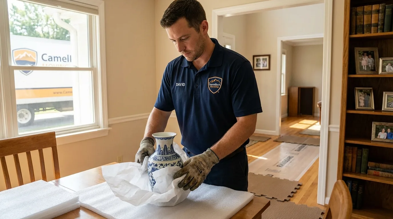 Professional crew carefully wrapping antique vase for senior downsizing move in Sherburne, NY