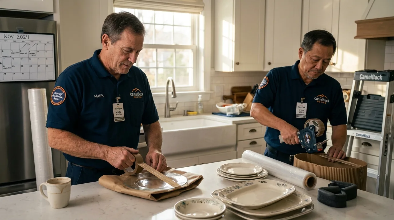 Professional crew packing kitchen dishware in Sherburne, NY